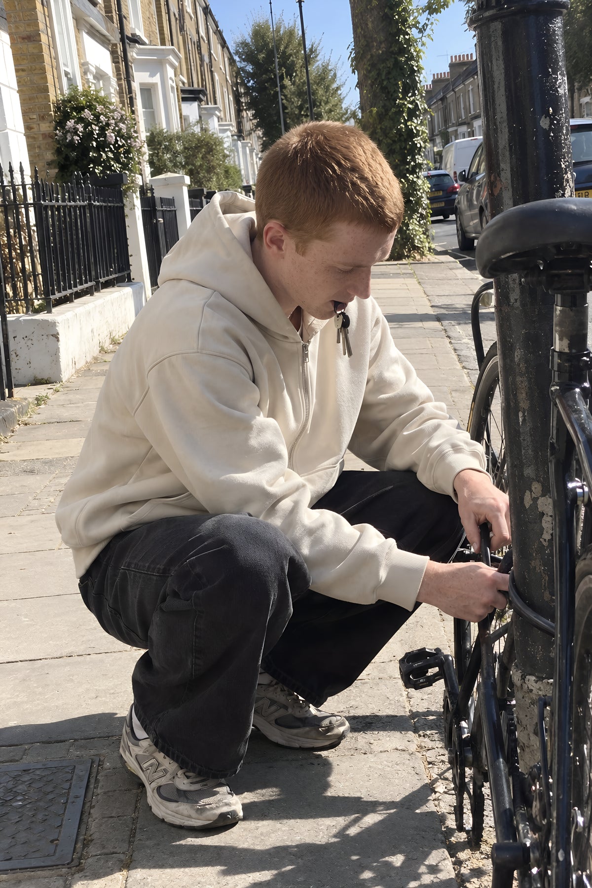 Someone in the ENVY Zip Hoodie crouched locking a bike to a lamp post on a terraced street, keys in teeth. Daytime, hard sun, no candles lit.