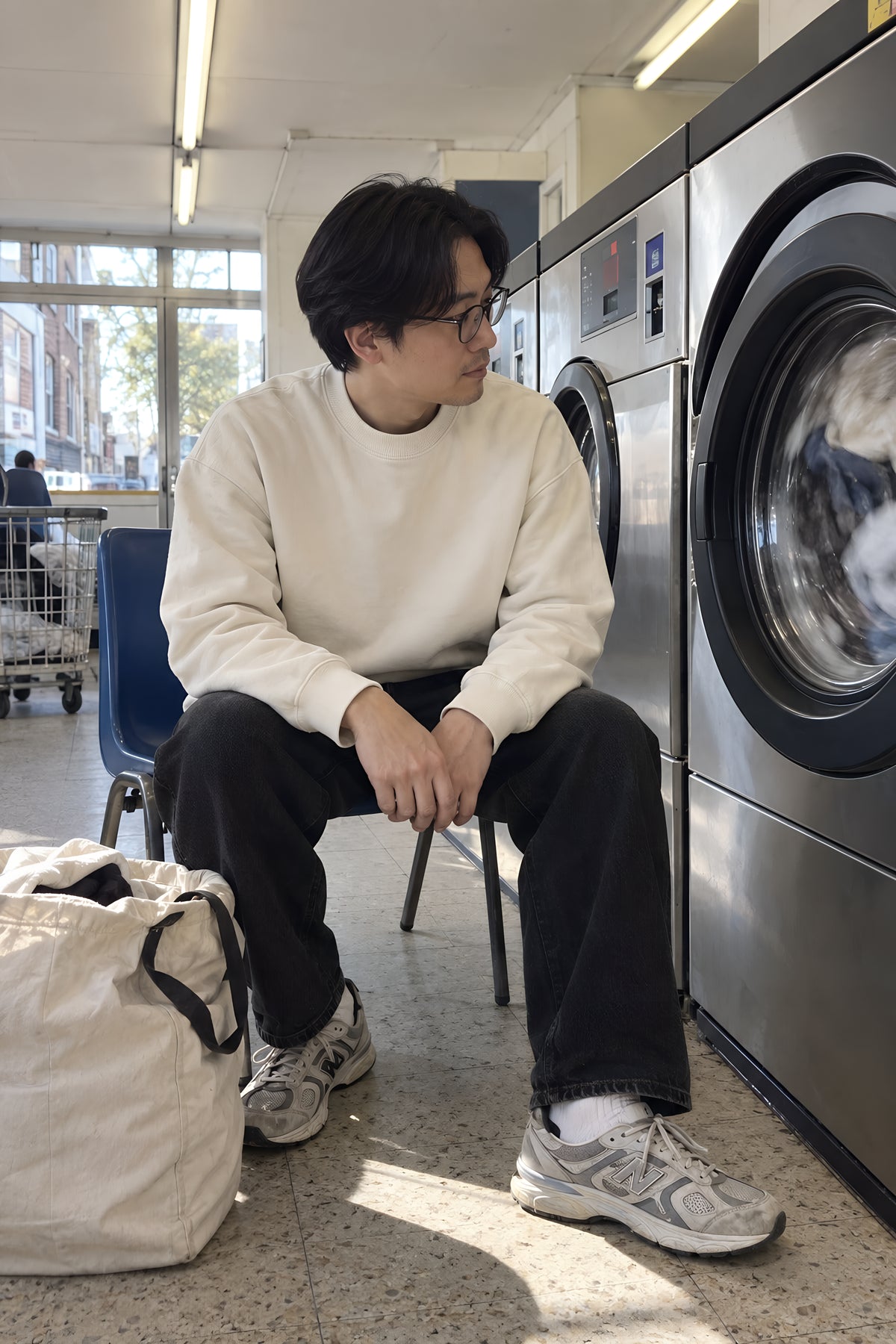 A man in the ecru ENVY Crew Sweat sitting on a plastic chair in a launderette watching the drum go round, bag of washing at his feet, strip lights overhead. Daytime, no candles lit.