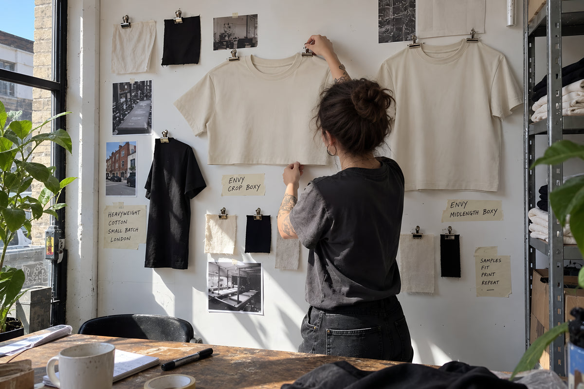 A wall of samples pinned up with bulldog clips, ENVY Crop Boxy and Midlength Boxy tees among them, scribbled notes on masking tape beside each. Daytime, hard sun, no candles lit.