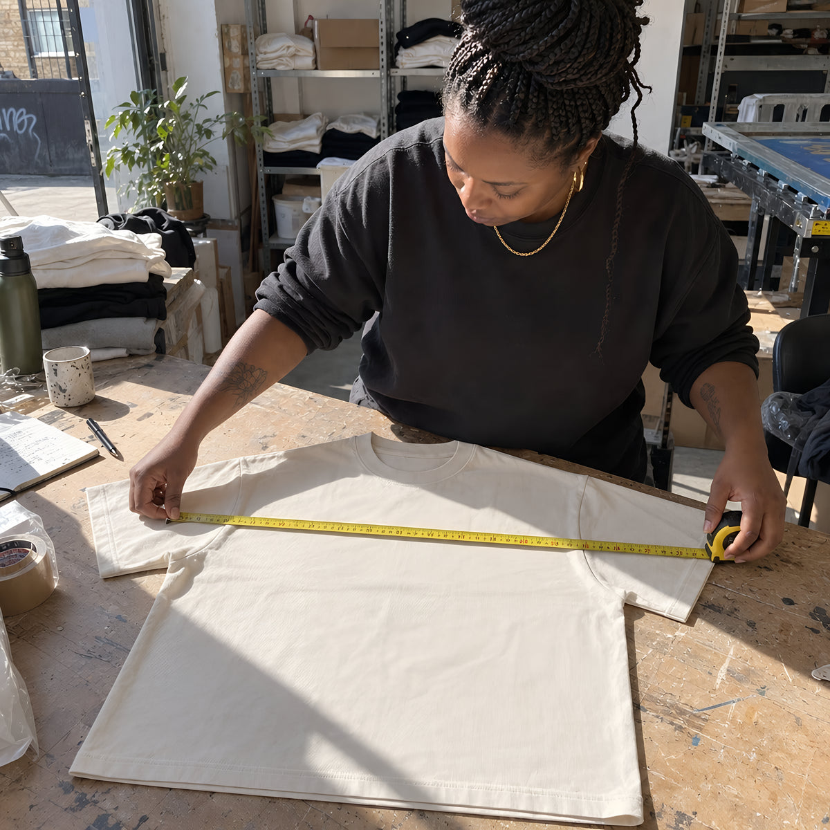 A bone ENVY Oversized Boxy tee laid flat on a cutting table with a tape measure pulled across the chest, two hands holding it square. Daytime, hard sun, no candles lit.
