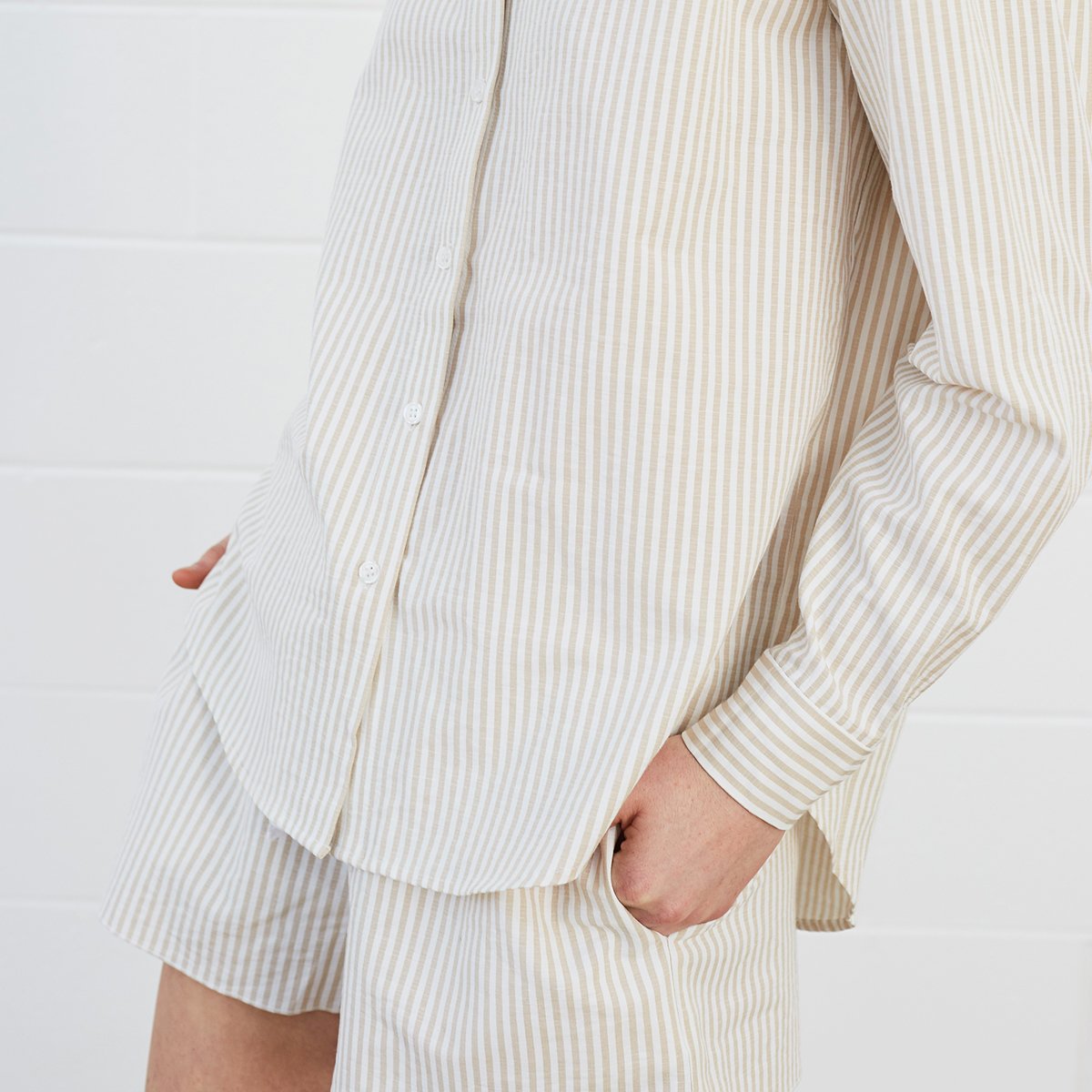Close up of striped shorts and shirt