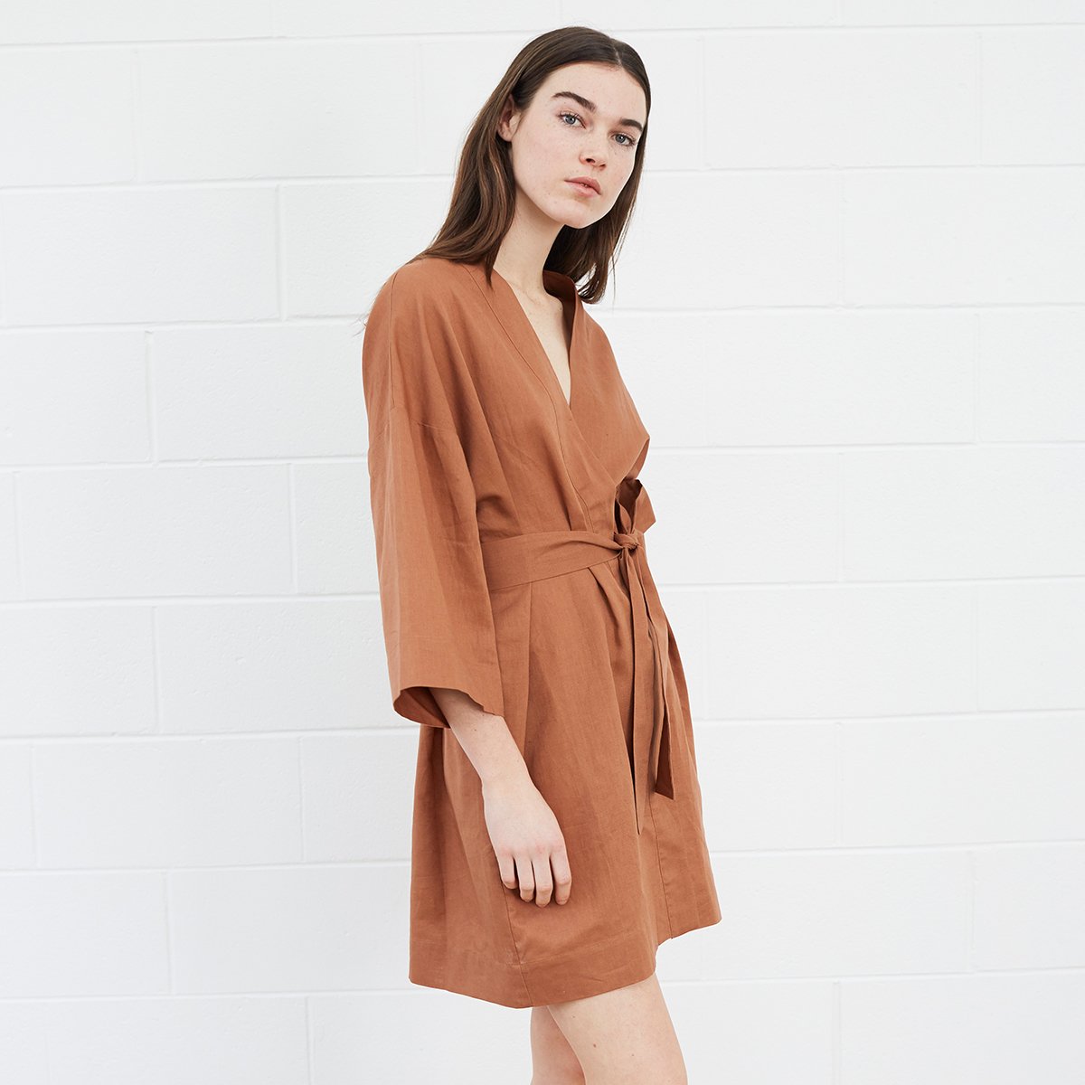 Woman wearing brown robe